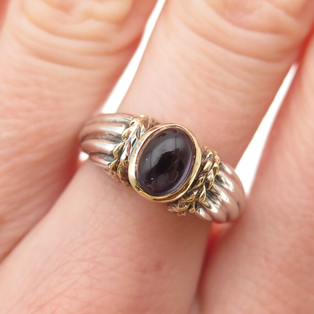 Stevens 925 Sterling Silver 18K Gold Vintage Real Iolite Oxidized Ring Size 6.75